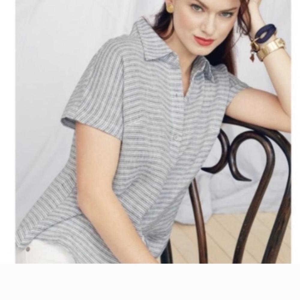 CAbi Blue & White Striped Linen‎ Blend Top Small